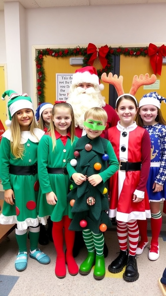 Students in colorful Christmas costumes, including Santa, elves, and a Christmas tree, celebrating the holiday spirit at school.